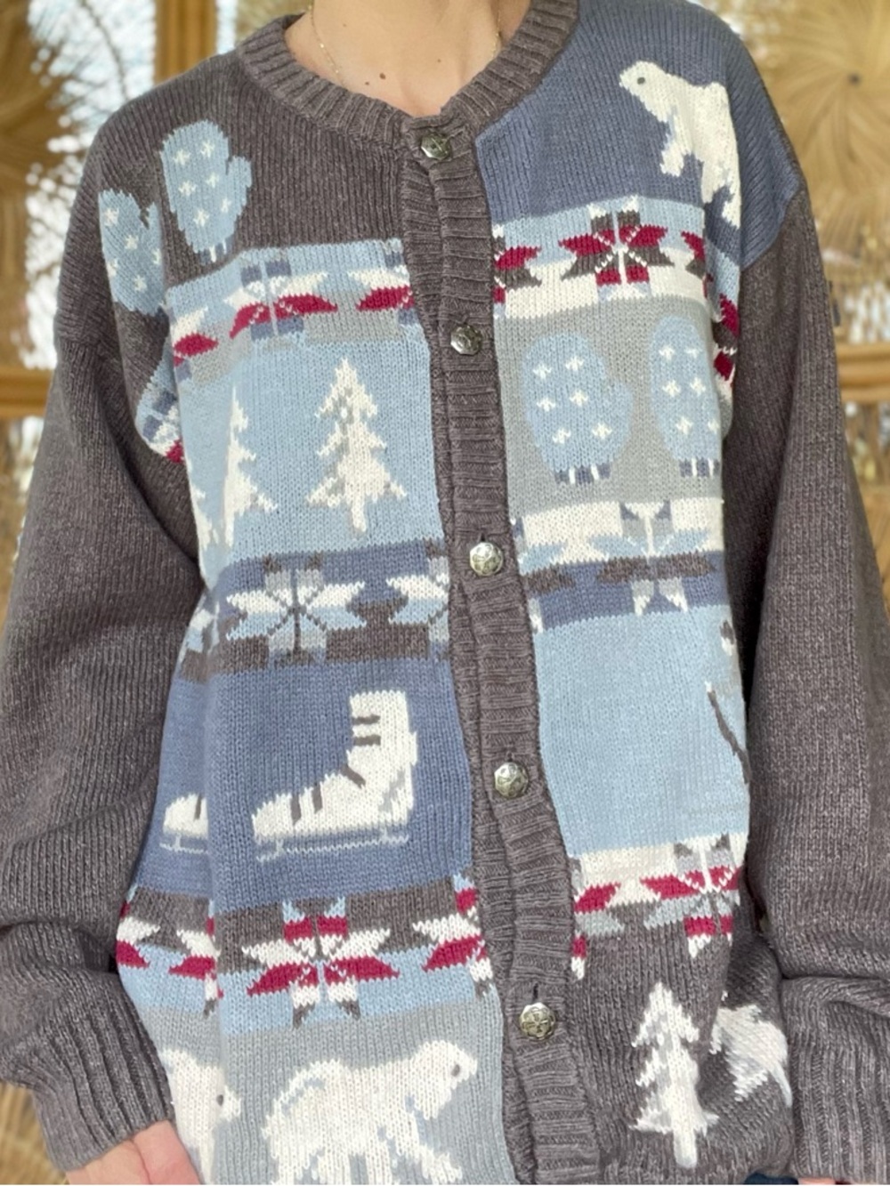 Vintage Northern Reflections Gray Knit Winter Polar Bear Cottage Cardigan XL